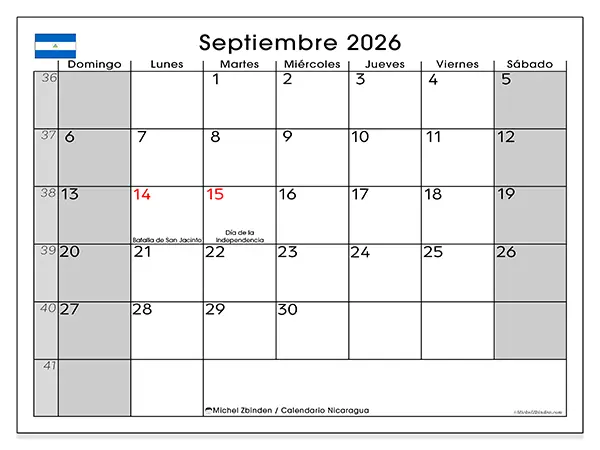 Calendario de septiembre de 2026 para imprimir - Nicaragua