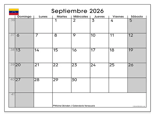 Calendario de septiembre de 2026 para imprimir - Venezuela