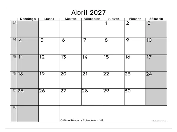 Calendario de abril de 2027 para imprimir - Organización perfecta - Semana de domingo a sábado