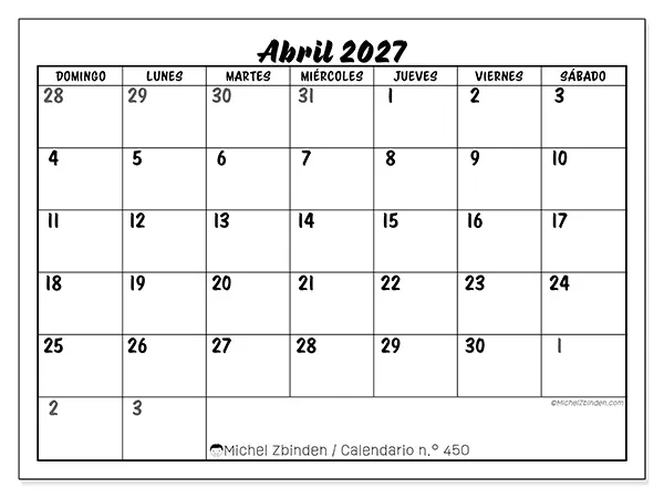 Calendario de abril de 2027 para imprimir - Organización detallada - Semana de domingo a sábado