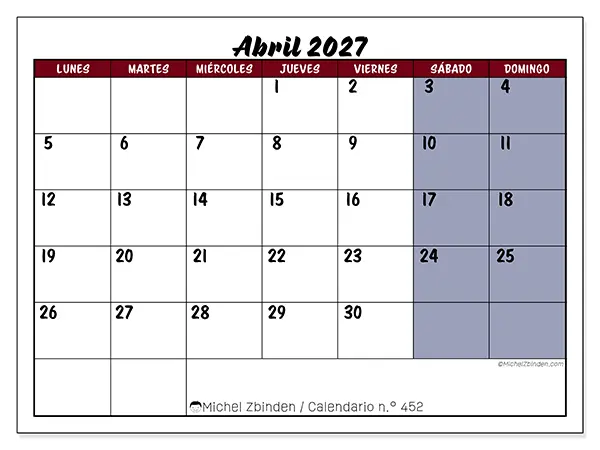 Calendario de abril de 2027 para imprimir - Productividad en color