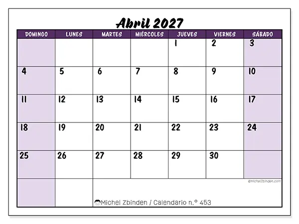 Calendario de abril de 2027 para imprimir - Eficiencia colorida - Semana de domingo a sábado