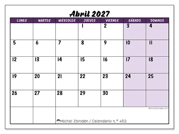 Calendario de abril de 2027 para imprimir - Eficiencia colorida