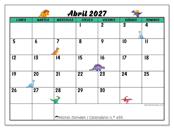 Calendario de abril de 2027 para imprimir - Pequeños dinosaurios