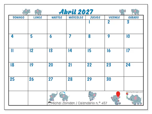 Calendario de abril de 2027 para imprimir - Pequeños elefantes - Semana de domingo a sábado