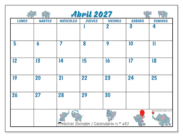 Calendario de abril de 2027 para imprimir - Pequeños elefantes