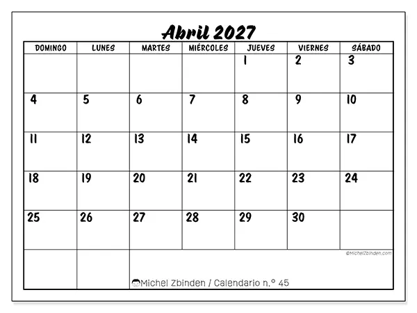 Calendario de abril de 2027 para imprimir - Éxito escolar - Semana de domingo a sábado