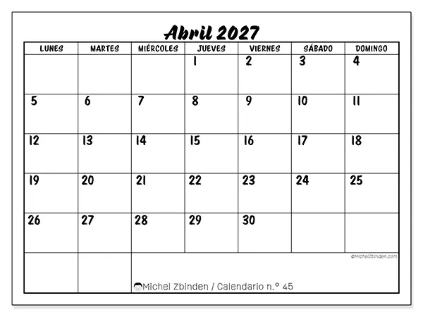 Calendario de abril de 2027 para imprimir - Éxito escolar
