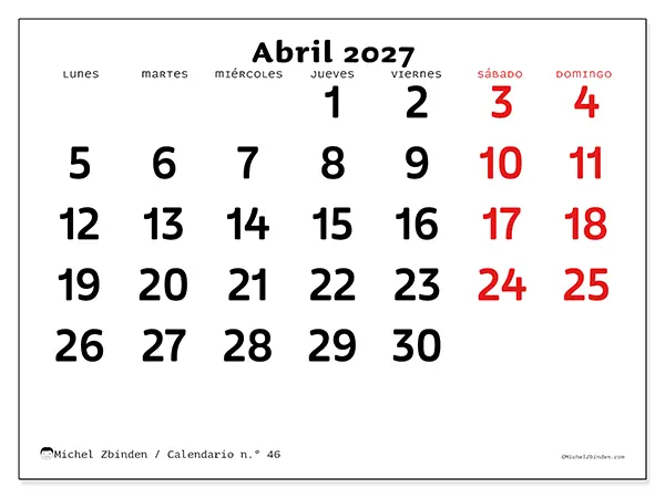 Calendario de abril de 2027 para imprimir - Visión clara