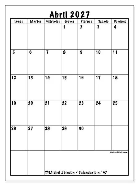 Calendario de abril de 2027 para imprimir - Planificación eficiente