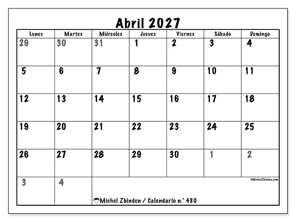 Calendario de abril de 2027 para imprimir - Planificación completa