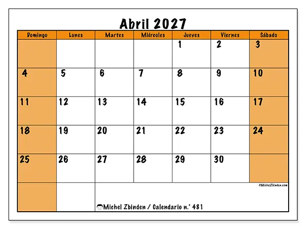 Calendario de abril de 2027 para imprimir - Planificación dinámica - Semana de domingo a sábado