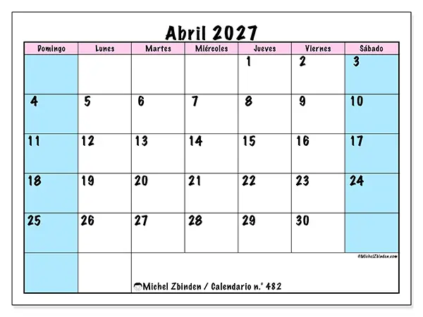 Calendario de abril de 2027 para imprimir - Horario de equipo - Semana de domingo a sábado
