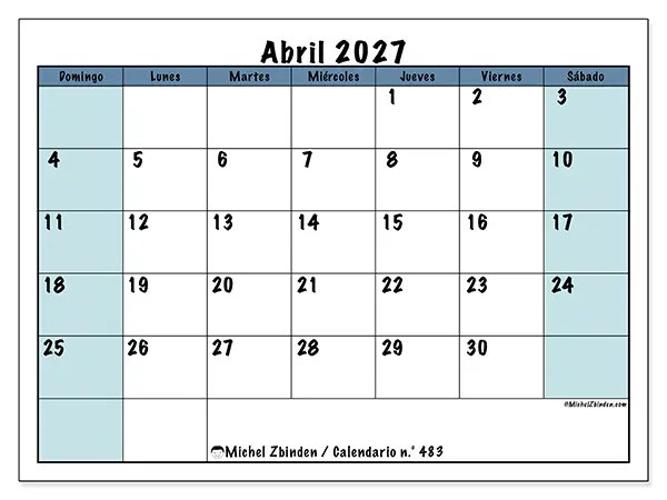 Calendario de abril de 2027 para imprimir - Estructura para la escuela - Semana de domingo a sábado