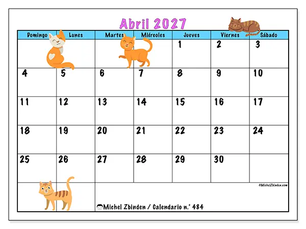 Calendario de abril de 2027 para imprimir - Amor por los gatos - Semana de domingo a sábado
