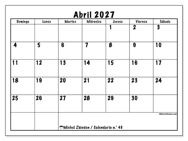 Calendario de abril de 2027 para imprimir - Eficiencia diaria - Semana de domingo a sábado