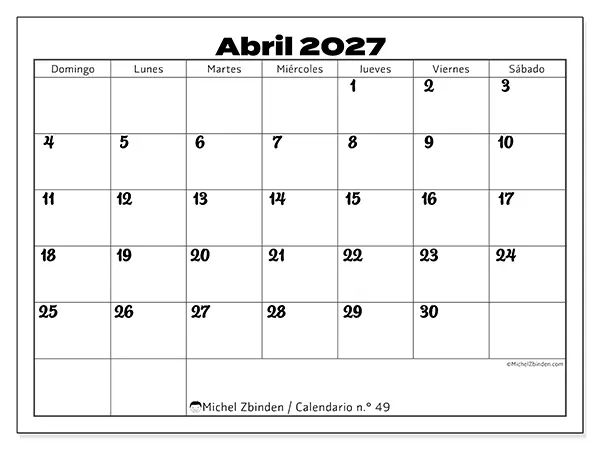 Calendario de abril de 2027 para imprimir - Coordinación productiva - Semana de domingo a sábado