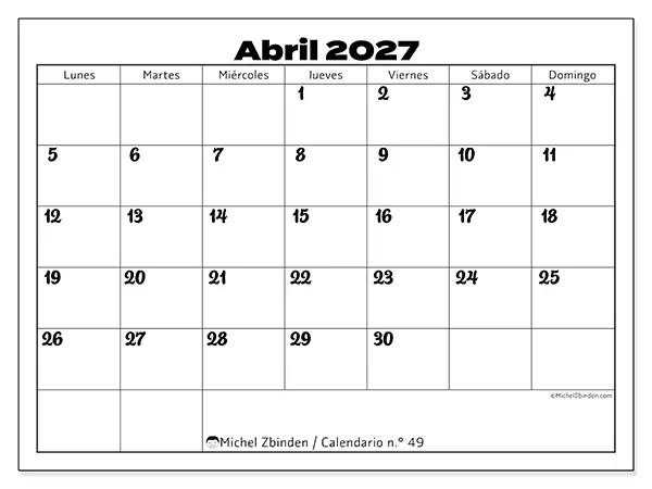 Calendario de abril de 2027 para imprimir - Coordinación productiva
