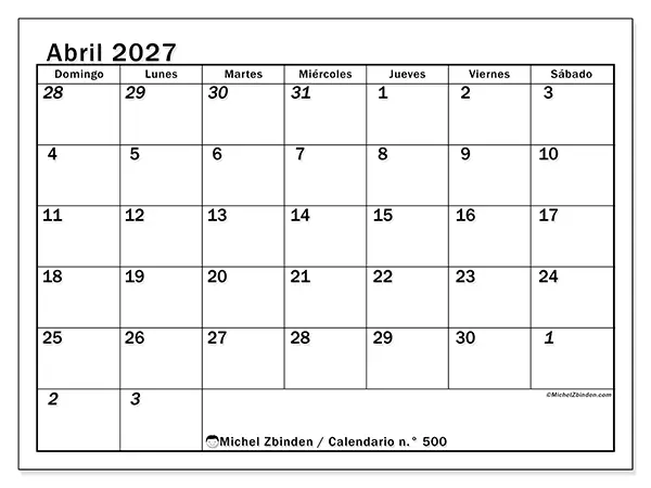 Calendario de abril de 2027 para imprimir - Planificación intensiva - Semana de domingo a sábado