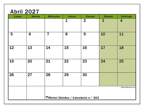 Calendario de abril de 2027 para imprimir - Organización viva