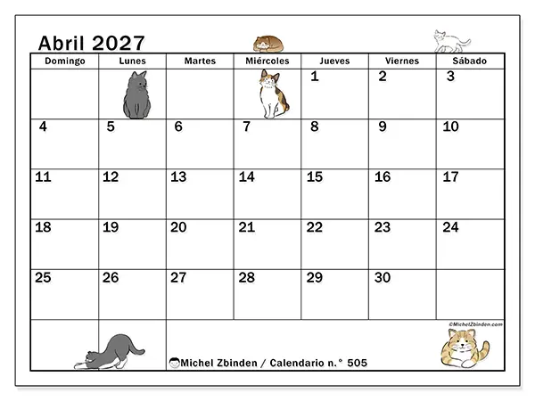 Calendario de abril de 2027 para imprimir - Vida de gato - Semana de domingo a sábado