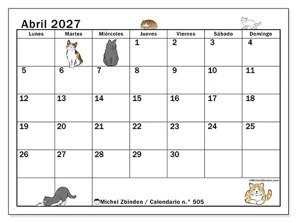 Calendario de abril de 2027 para imprimir - Vida de gato