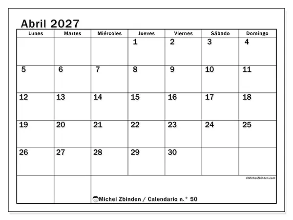 Calendario de abril de 2027 para imprimir - Planificación óptima