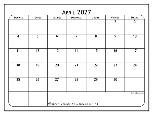 Calendario de abril de 2027 para imprimir - Planificador de comidas - Semana de domingo a sábado