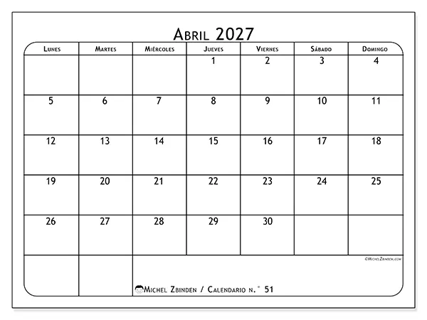 Calendario de abril de 2027 para imprimir - Planificador de comidas