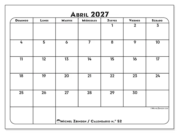Calendario de abril de 2027 para imprimir - Organización profesional - Semana de domingo a sábado