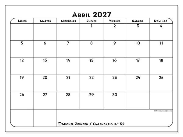 Calendario de abril de 2027 para imprimir - Organización profesional