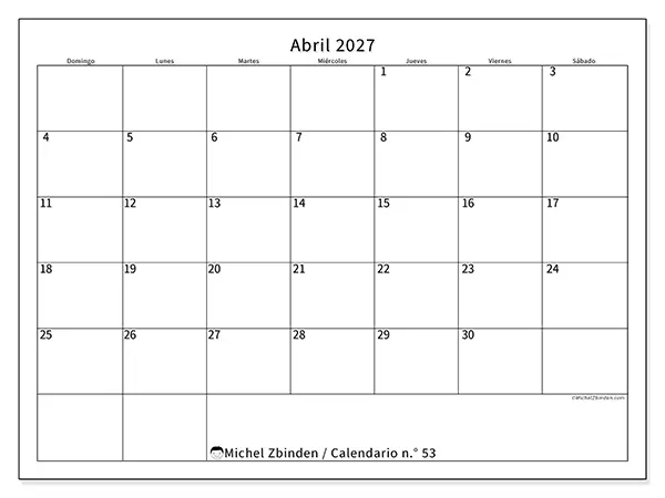 Calendario de abril de 2027 para imprimir - Horario eficiente - Semana de domingo a sábado