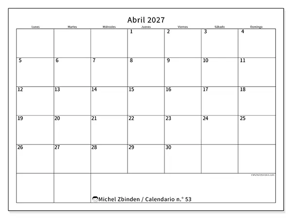 Calendario de abril de 2027 para imprimir - Horario eficiente