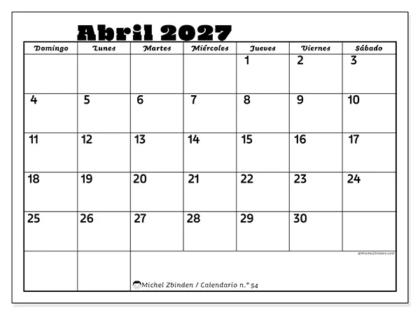 Calendario de abril de 2027 para imprimir - Actividades en familia - Semana de domingo a sábado