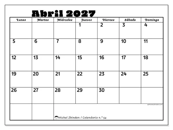 Calendario de abril de 2027 para imprimir - Actividades en familia