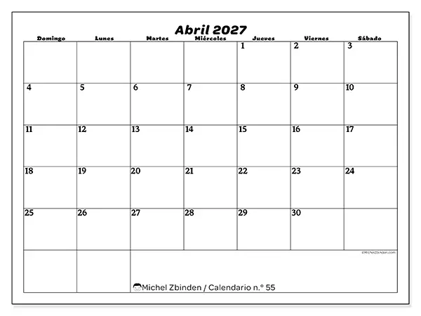 Calendario de abril de 2027 para imprimir - Organización del ocio - Semana de domingo a sábado
