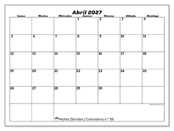 Calendario de abril de 2027 para imprimir - Organización del ocio