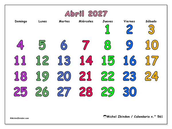 Calendario de abril de 2027 para imprimir - Momentos creativos - Semana de domingo a sábado