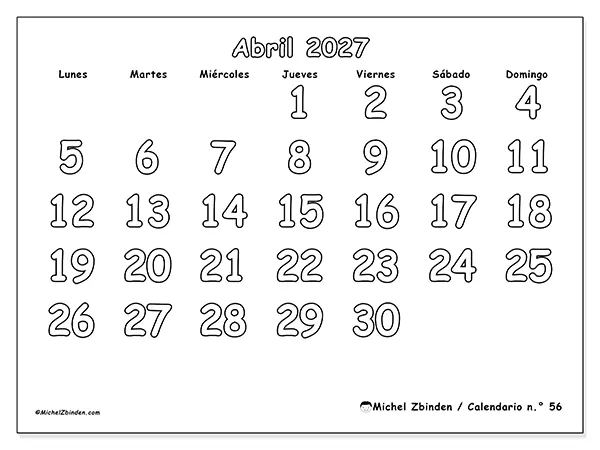 Calendario de abril de 2027 para imprimir - Colorear útil