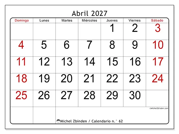 Calendario de abril de 2027 para imprimir - Lectura rápida - Semana de domingo a sábado