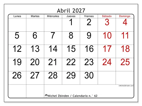 Calendario de abril de 2027 para imprimir - Lectura rápida
