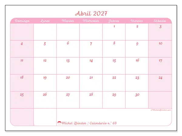 Calendario de abril de 2027 para imprimir - Organización en suavidad - Semana de domingo a sábado