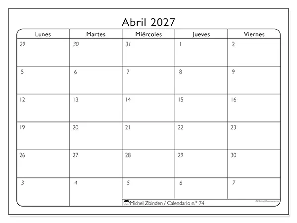 Calendario de abril de 2027 para imprimir - Organización del trabajo