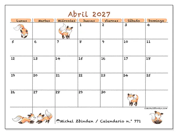 Calendario de abril de 2027 para imprimir - Dibujos de zorros