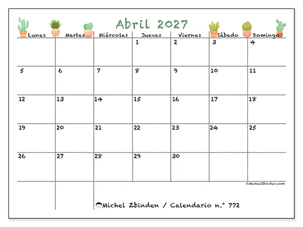 Calendario de abril de 2027 para imprimir - Cactus decorativos