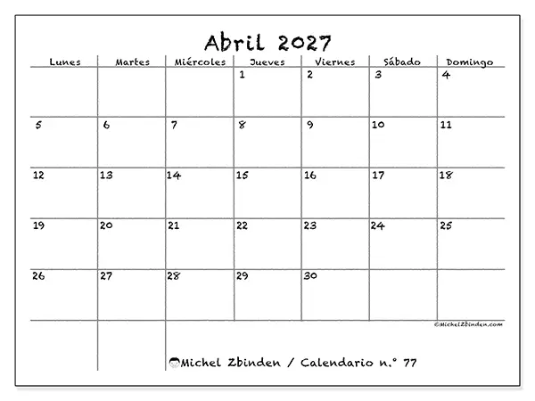Calendario de abril de 2027 para imprimir - Escuela y familia