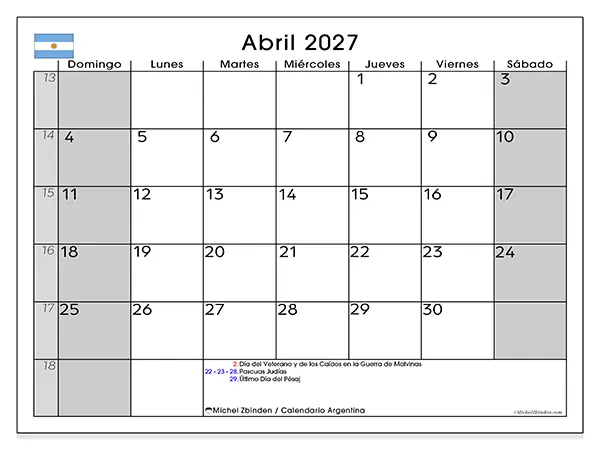 Calendario de abril de 2027 para imprimir - Argentina