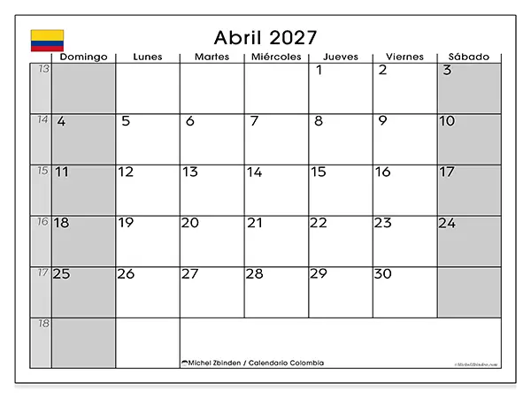 Calendario de abril de 2027 para imprimir - Colombia
