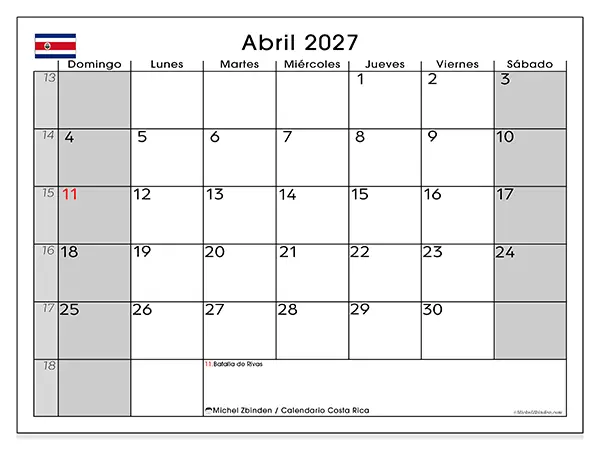 Calendario de abril de 2027 para imprimir - Costa Rica