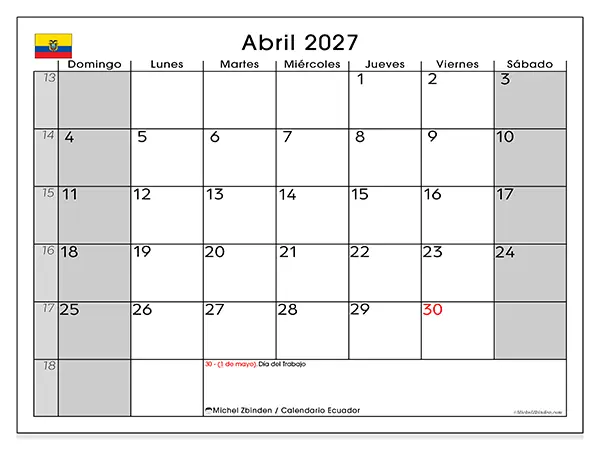 Calendario de abril de 2027 para imprimir - Ecuador